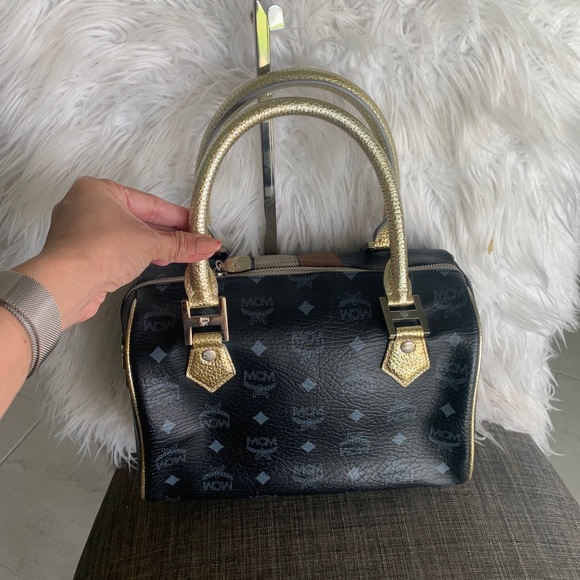 MCM Black Logo Leather Satchel with Gold Handles and Pink, Tan, Cream Panels - Picture 5 of 12